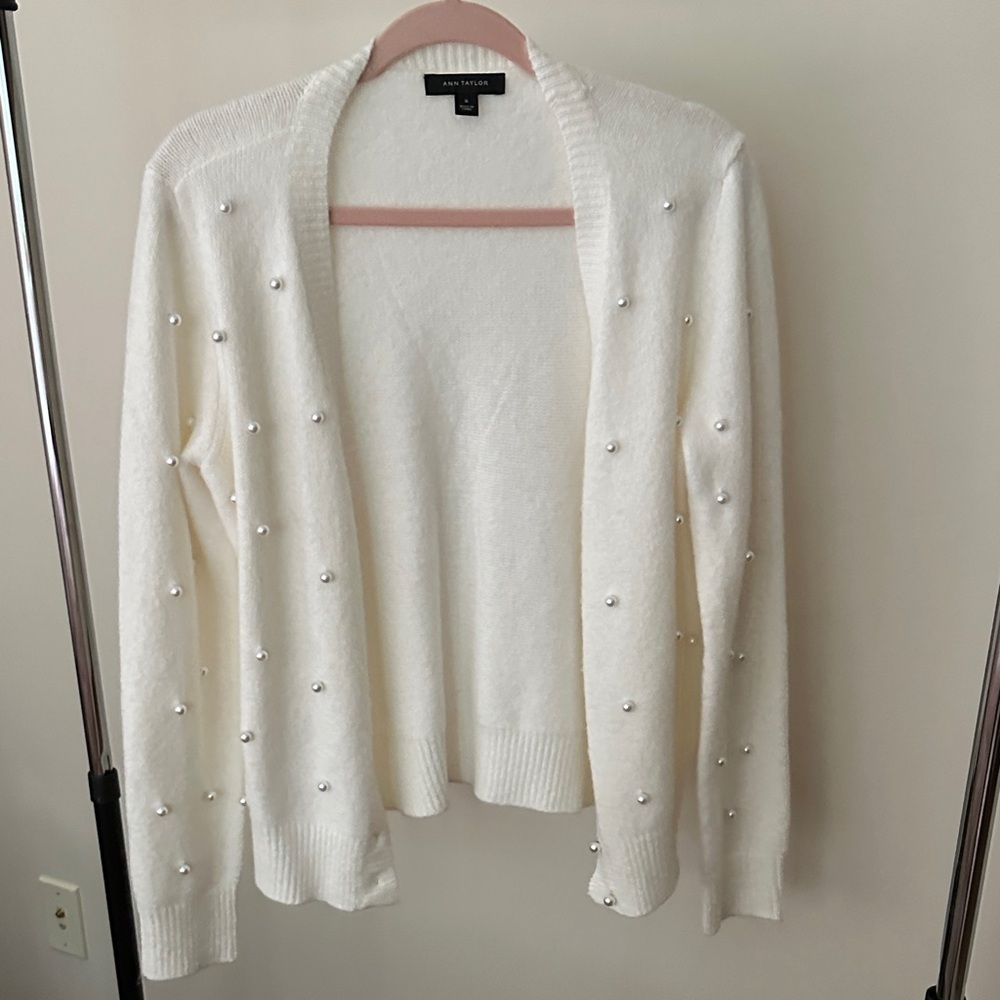 Ann Taylor Cream Pearl-Studded Cardigan